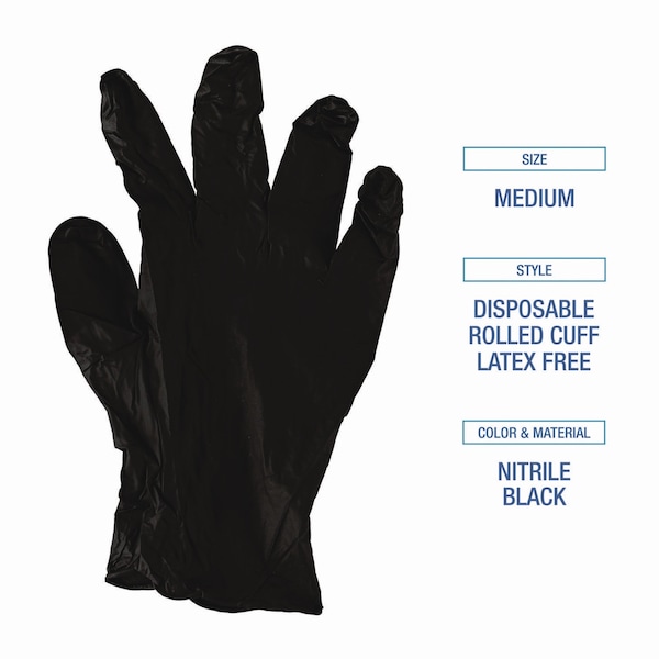 Boardwalk 396 Series, Disposable Gloves, 4.4 mil Palm, Nitrile, Powder-Free, M, 100 PK, Black - BWK396MBX