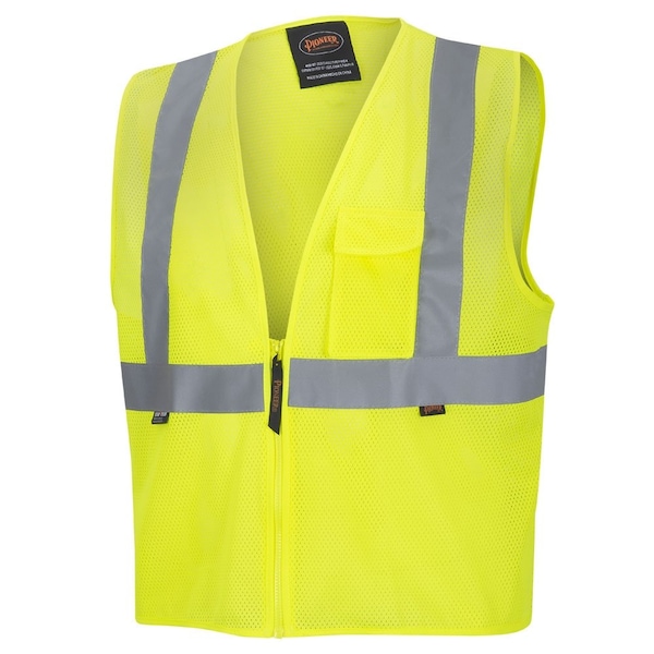 Pioneer Safety Vest, Polyester Mesh, ANSI Class 2, Zipper Closure, Cell Phone Pocket, Lime, 2XL - V1060360U-2XL