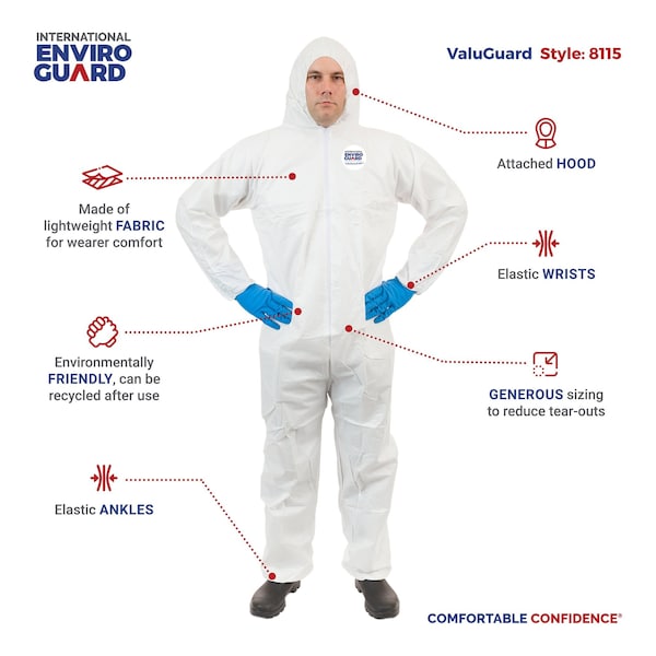 International Enviroguard Coverall, w/Attached Hood, 2XL, White, PK25 - 8115