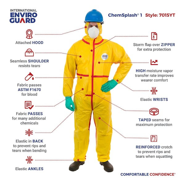 Chemsplash Chemical Resistant Coverall, Hooded, XL, Non-Woven Laminate, Zipper, Elastic Cuff, Elastic Ankle - 7015YT-XL