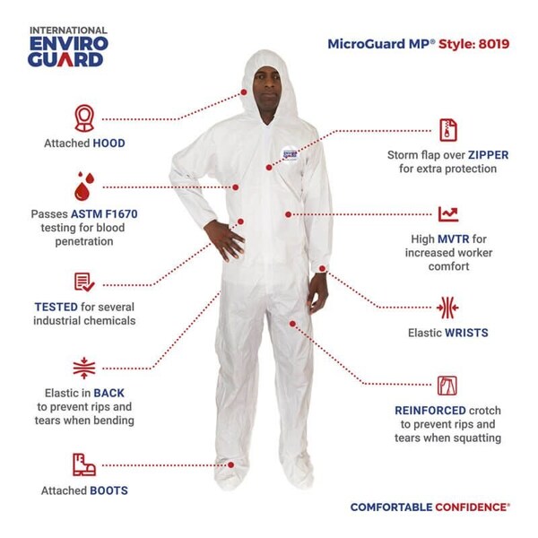 International Enviroguard Disposable Coverall, Hooded, XL, MicroGuard MP(R), Zipper, Elastic Cuff, Attached Boots Ankle - 8019-XL