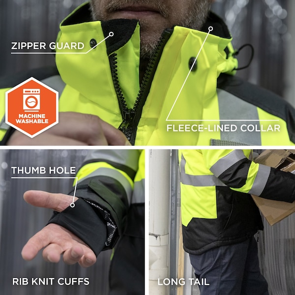 Ergodyne Hi-Vis Winter Jacket, 300D Polyester, Class 3 Type R, Lime, L - 8390