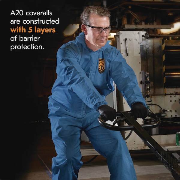 Kleenguard A20 Breathable Particle Protection Coveralls, ZipFront, Hood, Elastic Back, Wrists, Ankles, 3XL, Blue, 20PK - KCC 58516