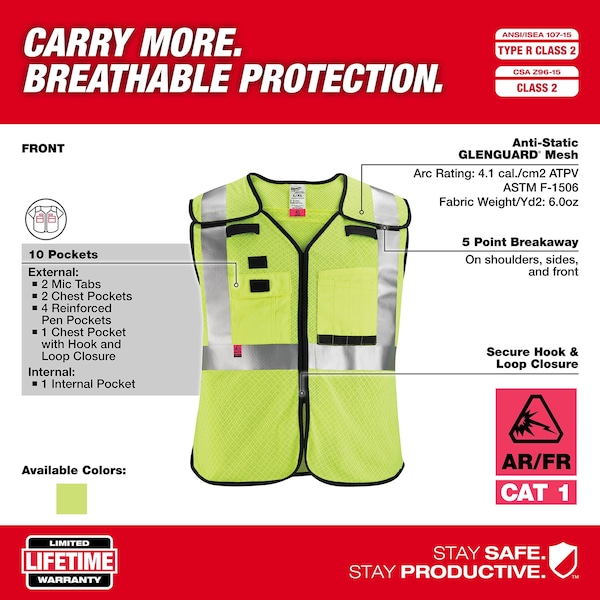 Milwaukee Tool AR/FR Cat.1 High Visibility Vest L, XL Class 2 X Back, , Hook and Loop 10 Pockets, 2 Mic Tab, No - 48-73-5212