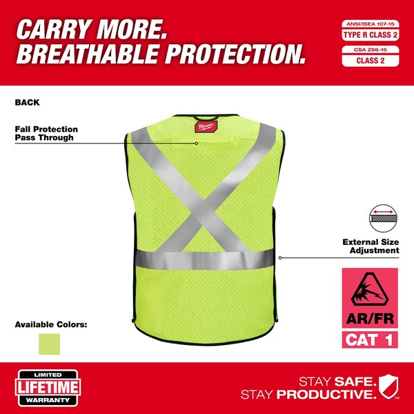 Milwaukee Tool AR/FR Cat.1 High Visibility Vest L, XL Class 2 X Back, , Hook and Loop 10 Pockets, 2 Mic Tab, No - 48-73-5212