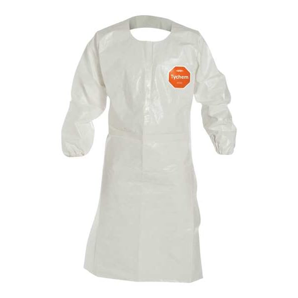 Tychem 0 Sleeved Apron. Elastic Wrists. 44" Long. Neck Loop w/ Snaps, Waist Ties. White. 2X - SL275TWH2X0025HL