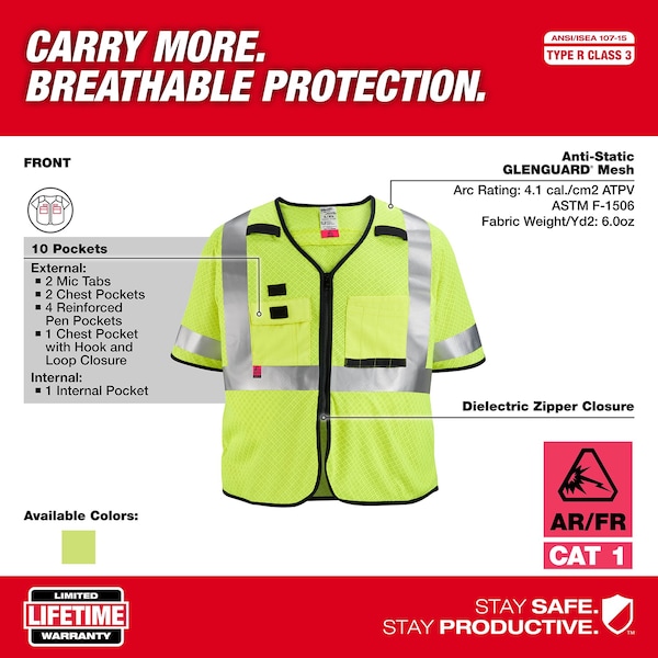 Milwaukee Tool AR/FR Cat.1 High Visibility Vest w/Sleeves 2XL, 3XL Class 3 U Back, , Zipper 10 Pockets, 2 Mic Tab - 48-73-5223