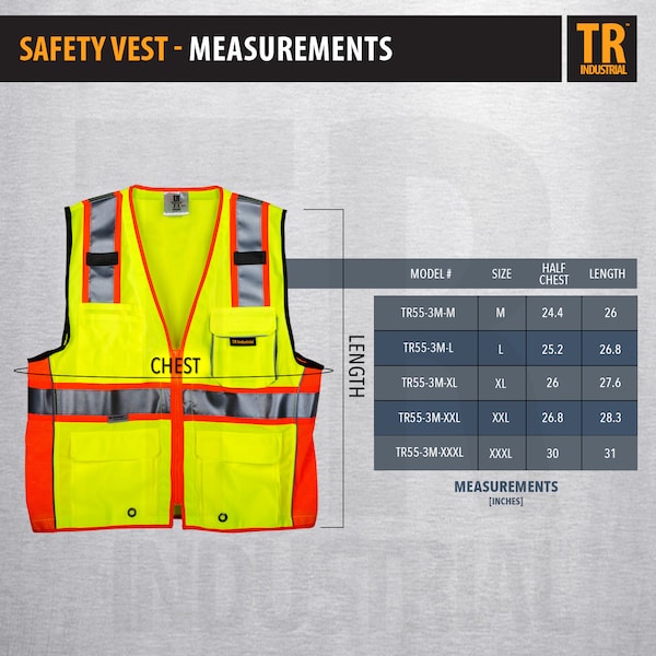 Tr Industrial Class 2 Safety Vest with Pockets and Zipper Closure, 3M Strips, XXXL - TR88055-3M-XXXL