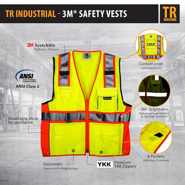 Tr Industrial Class 2 Safety Vest with Pockets and Zipper Closure, 3M Strips, XXXL - TR88055-3M-XXXL