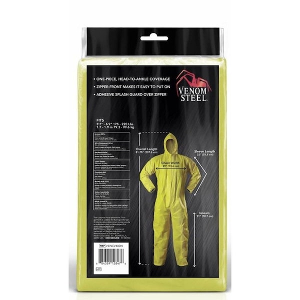 Venom Steel VENCV400 Chemical Splash Coveralls, L, XL, Unisex, Zipper, Polyethylene/Polypropylene, Yellow - VENCV400N