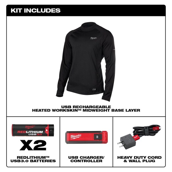 Milwaukee Tool USB RECHARGEABLE HEATED WORKSKIN MIDWEIGHT BASE LAYER - BLACK 3X - 405B-213X