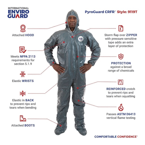 International Enviroguard Disposable Coverall, Hooded, 2XL, Pyroguard(R) CRFR, Zipper, Elastic Cuff, Attached Boots Ankle - 9119T-2XL