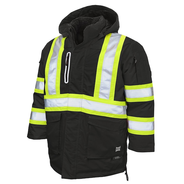 Tough Duck Hi-Vis Safety Parka, 300D Ripstop, 100% Polyester, Class 1 Type O, Black, 5XL - SJ392