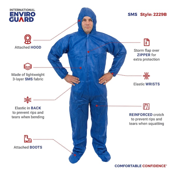 International Enviroguard Disposable Coverall, Hooded, 3XL, SMS, Zipper, Elastic Cuff, Attached Boots Ankle, Serged Seam - 2229B