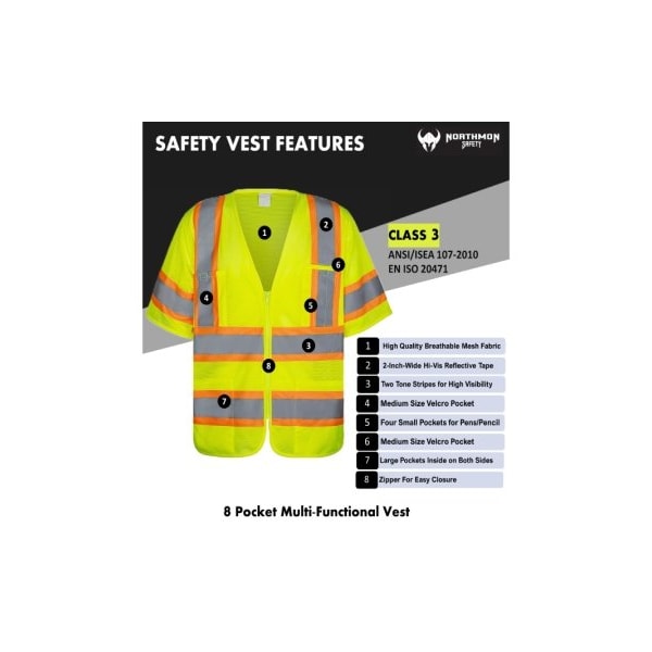 Northmon Safety Hi Vis Short Sleeve Mesh Safety Vest - ANSI Class 3 - XL - NM-SV-102-YW-XL