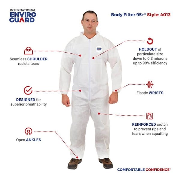 Bodyfilter 95+ Disposable Coverall, Collared, 3XL, Non-Woven Laminate, Zipper, Elastic Cuff, Open Ankle, 25 PK - 4012-3XL