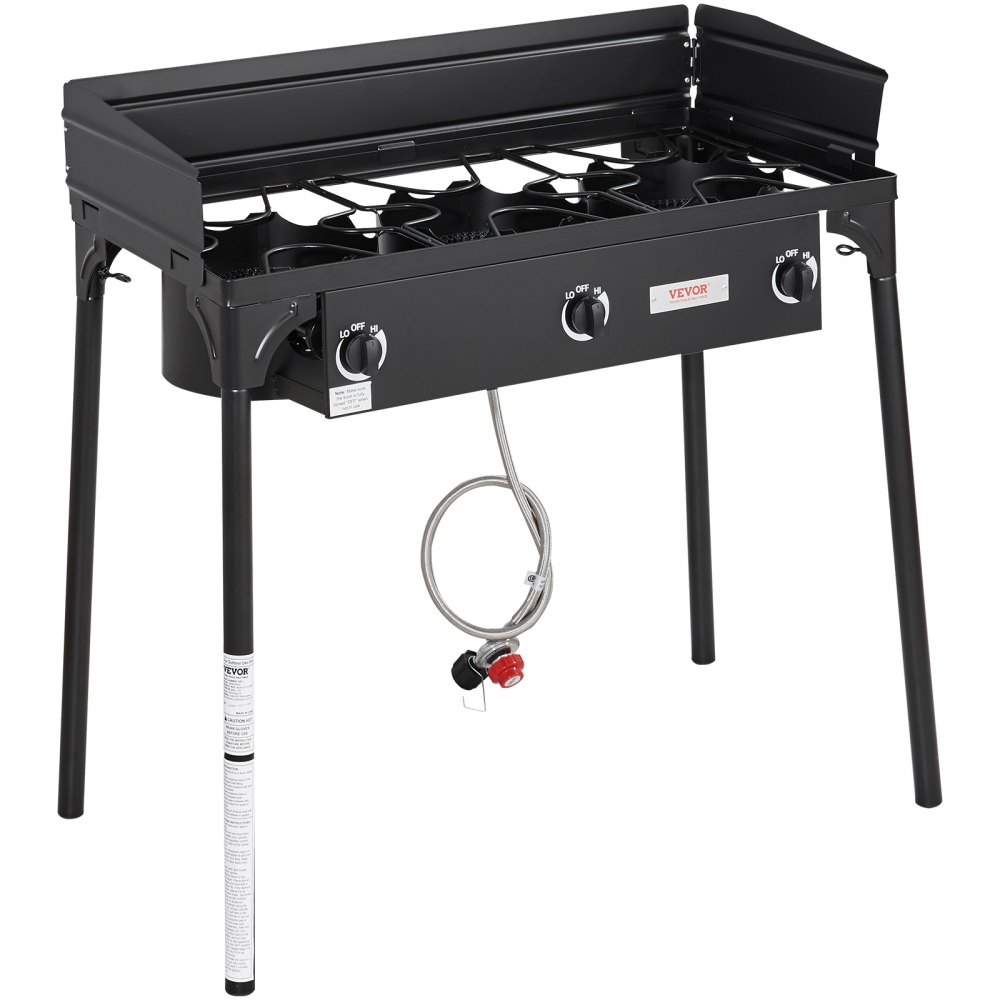 VEVOR Triple Burner Outdoor Camping Stove, 90,000-BTU Camping Modular Cooking Stove, Heavy Duty Carbon Steel Gas Cooker with Detachable Legs Stand & PSI Regulator, for BBQ Home Camp Patio RV Cooking - HWRQL90000BTUBKS6V0