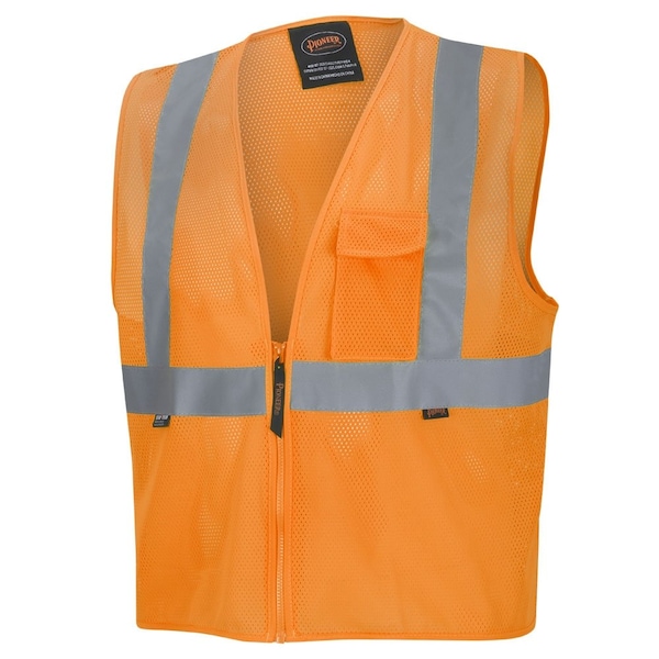 Pioneer Safety Vest, Polyester Mesh, ANSI Class 2, Zipper Closure, Cell Phone Pocket, Orange, XL - V1060450U-XL