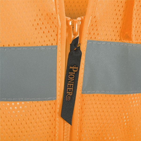 Pioneer Safety Vest, Polyester Mesh, ANSI Class 2, Zipper Closure, Cell Phone Pocket, Orange, XL - V1060450U-XL