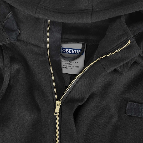 Oberon Hi-Vis 100% FR/Arc-Rated 12 oz Cotton Fleece Hoodie, Zipper Closure, Detachable Hood, Black, S - ZFC207-S