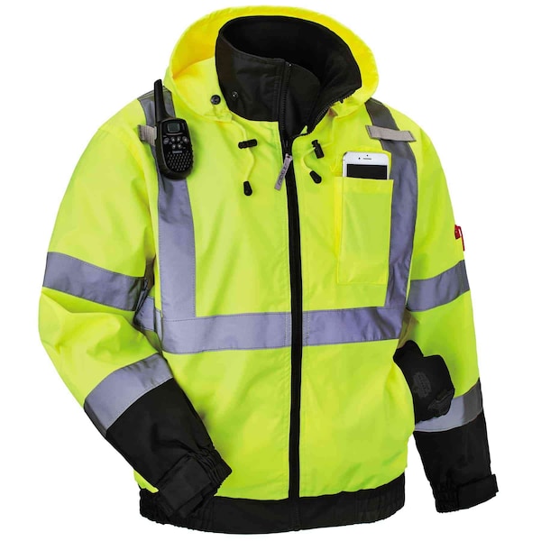 Ergodyne Hi-Vis 2-in-1 Bomber Jacket, Oxford Polyester, Class 3 Lime, L - 8379