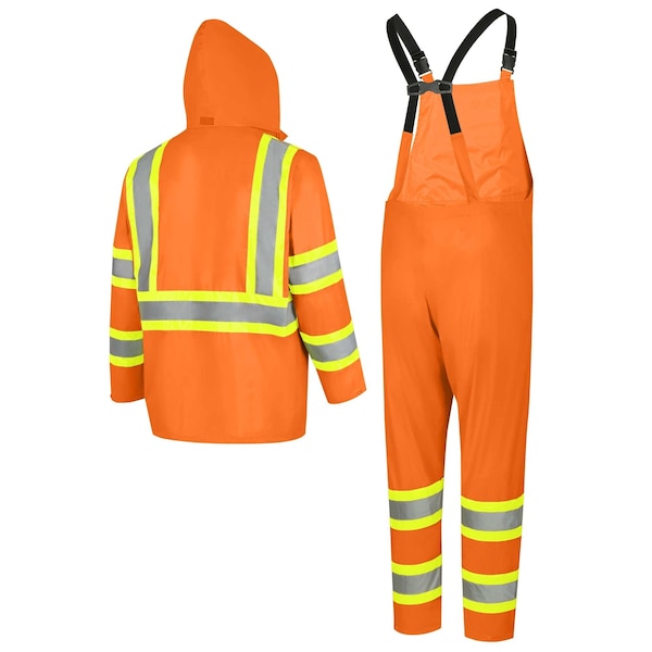 Pioneer Safety Rain Suit, Hi-Vis Orange, S, Polyester|PVC, 0.18 mm Thick, Folds and zips into collar, Orange - V1080150U-S