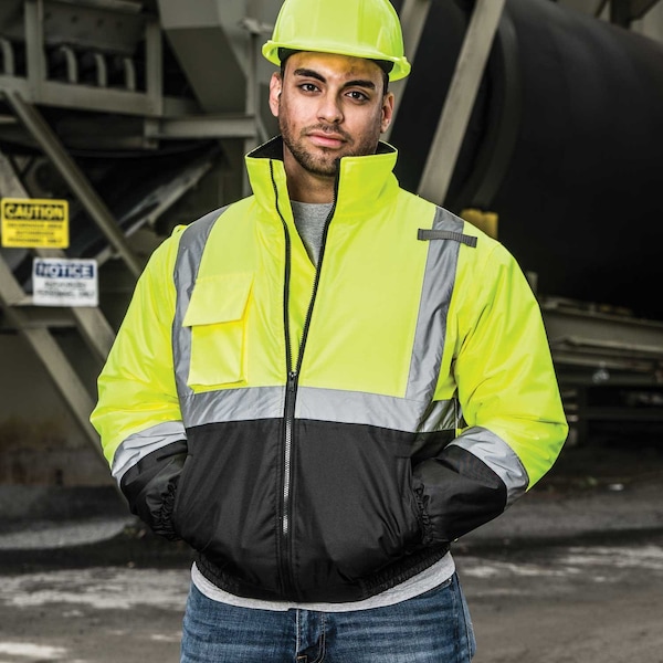 Game Workwear Hi-Vis Bomber Jacket, 100% Polyester 300 Denier Oxford, Hi Vis Lime, L - 1320E