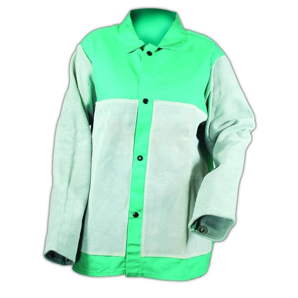 Magid SparkGuard 1830LSFLP Green Flame Resistant Jacket with Leather Sleeves and Front Patches, L - 1830LSFLP-L