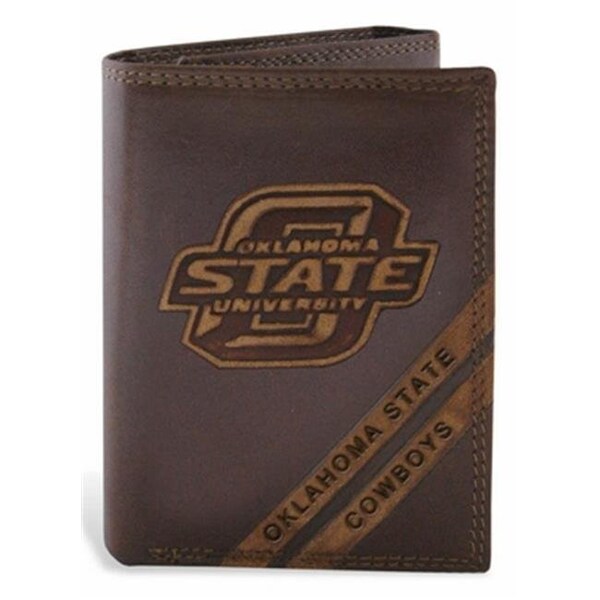 Zeppelinproducts ZeppelinProducts OKS-IWD2-BRW Oklahoma State Trifold Debossed Leather Wallet - OKS-IWD2-BRW