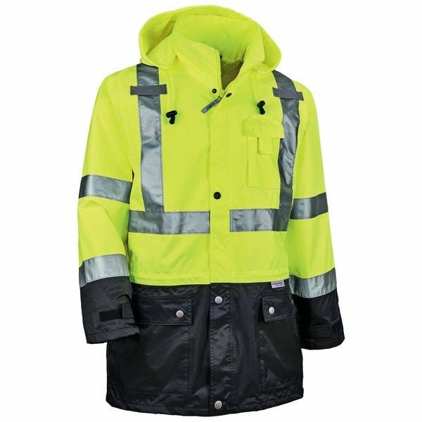 Ergodyne Hi-Vis Rain Jacket, Polyester/Polyurethane Coating, Class 3 Type R, Lime/Black, 4XL - 8365BK-4XL