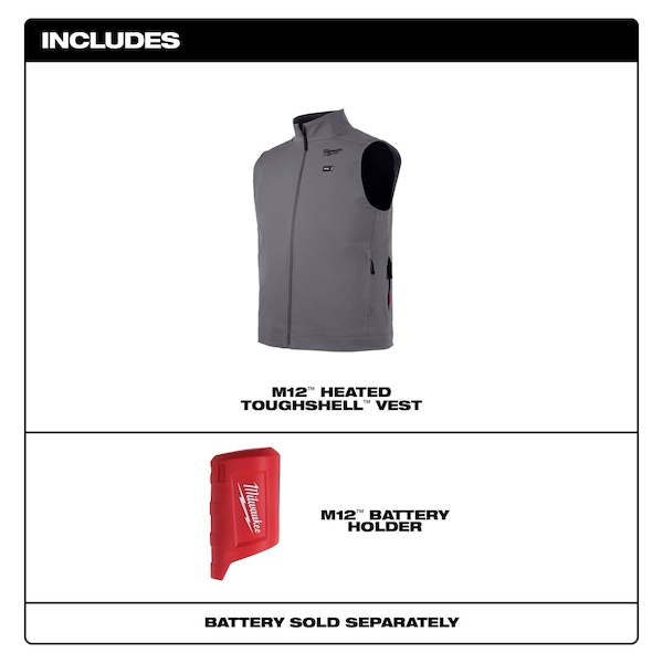 Milwaukee Tool M12 TOUGHSHELL Men's Heated Vest, Includes: M12 Battery Holder, Gray, Large - 304G-20L