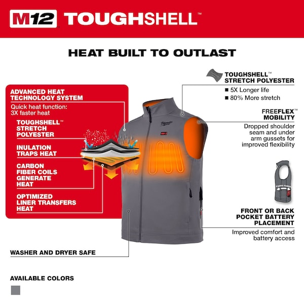 Milwaukee Tool M12 TOUGHSHELL Men's Heated Vest, Includes: M12 Battery Holder, Gray, Large - 304G-20L