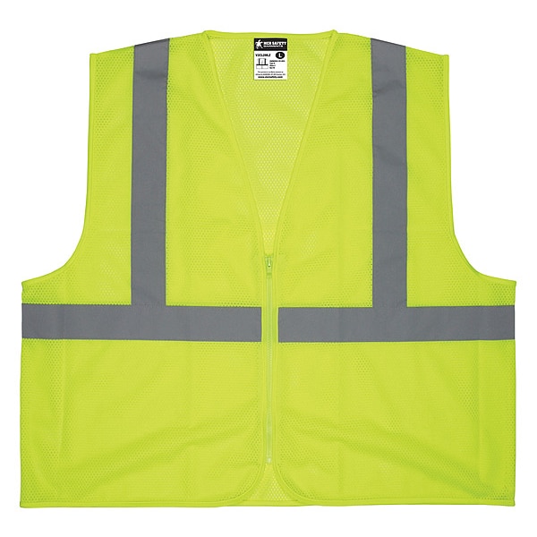 Mcr Safety High Visibility Vest, Polyester, Zipper Closure, ANSI Class 2, U Back Stripe, Lime, Unisex, L - V2CL2MLZL