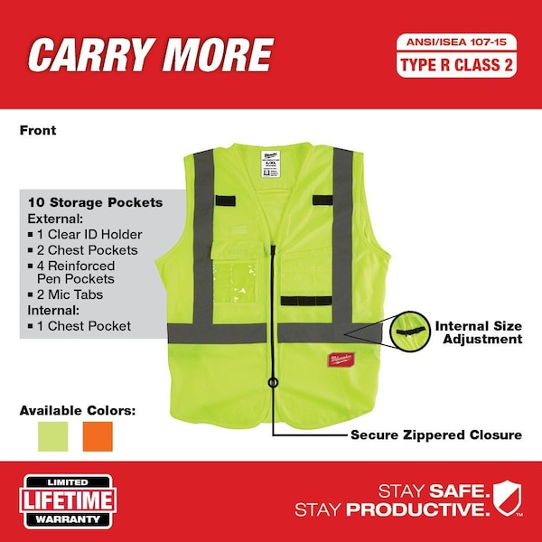 Milwaukee Tool Class 2 High Visibility Yellow Safety Vest - L/XL - 48-73-5022