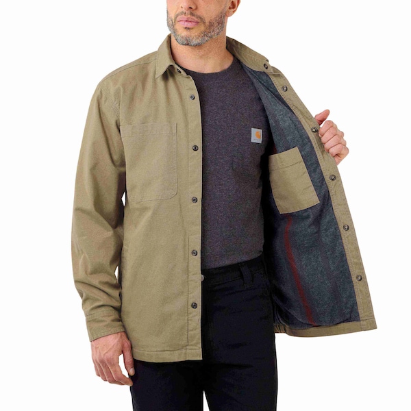 Carhartt Rugged Flex Relaxed Fit Canvas Fleece-Lined Snap-Front Shirt Jac, Dark Khaki, 2XL, REG - 105532-DKH2XLREG