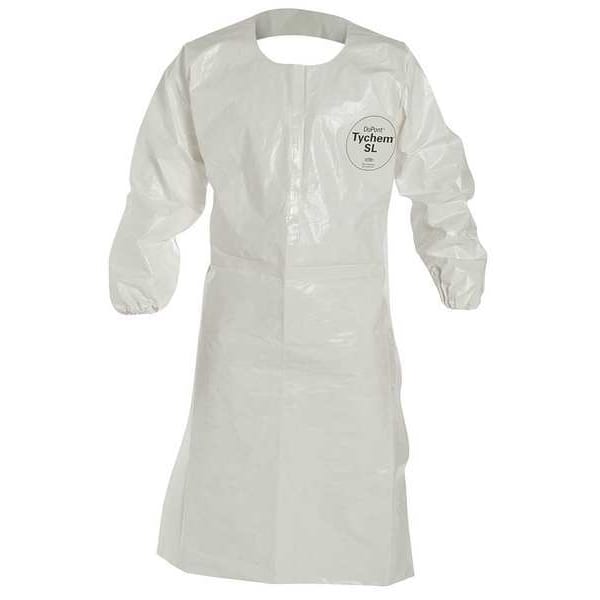 Dupont 0 Sleeved Apron. Elastic Wrists. 44" Long. Neck Loop w/ Snaps, Waist Ties. White. SM - SL275TWHSM002500