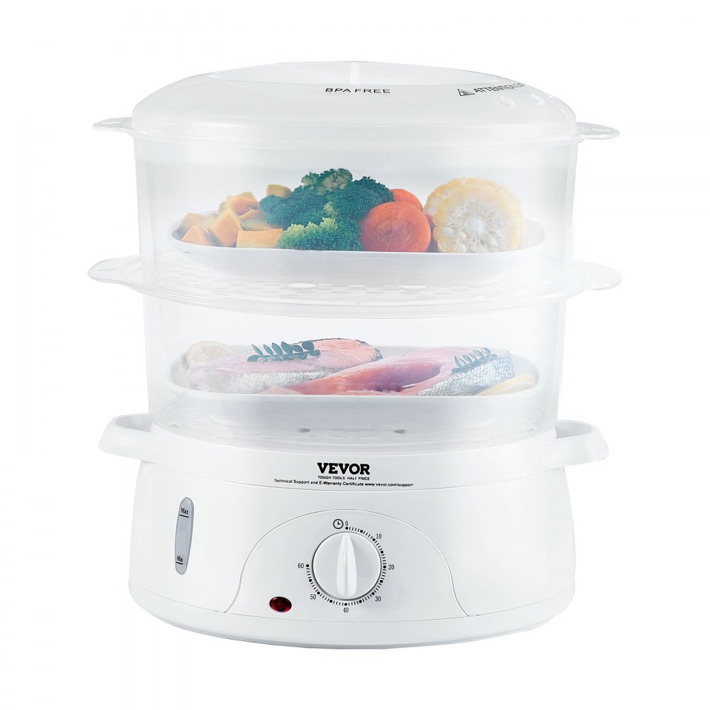 VEVOR Electric Food Steamer, 7.4Qt/7L Electric Vegetable Steamer with 2-Tier Stackable Trays, 800W Food-Grade Food Steamer for Cooking with 60-Min Timer, Auto Shut-Off and Boil Dry Protection - SCDZGSL7L0005JXNUV1