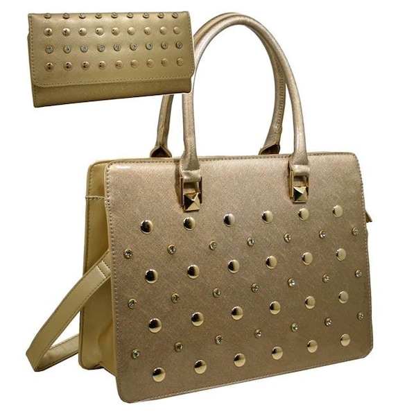 Gold Rush Gold Rush 820W20SET-BG 2 Tones Rhinestone Studed Purse Wallet Set - Golden Beige - 820W20SET-BG