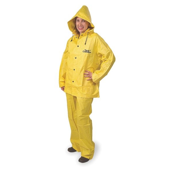 Condor 3-Piece Rainsuit with Detachable Hood, Heavy Duty PVC, 13.8 mil Thick, Snap-On (Included), Yellow - 4T226