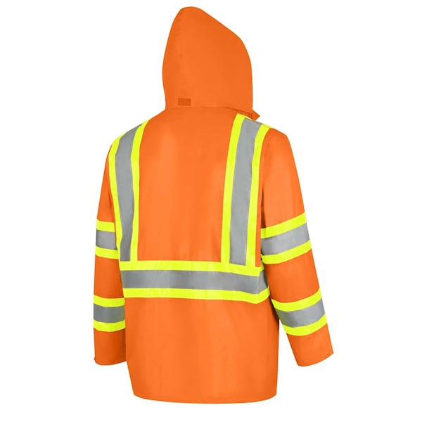 Pioneer Safety Rain Suit, Hi-Vis Orange, XL, Polyester|PVC, 0.18 mm Thick, Folds and zips into collar, Orange - V1080150U-XL