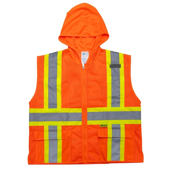 2W International Hi-Vis Hooded Safety Vest M Class 2 H Back, , Zipper 6 Pockets, 1 Mic Tab - HM7038C-2