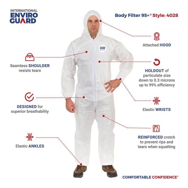 Bodyfilter 95+ Disposable Coveralls, Hooded, M, Non-Woven Laminate, Zipper, Elastic Cuff, Elastic Ankle, 25 PK - 4028-M