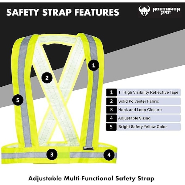 Northmon Safety Hi Vis Yellow Safety Strap Belt, 1'' Reflective Silver Tape - NM-SS-YW