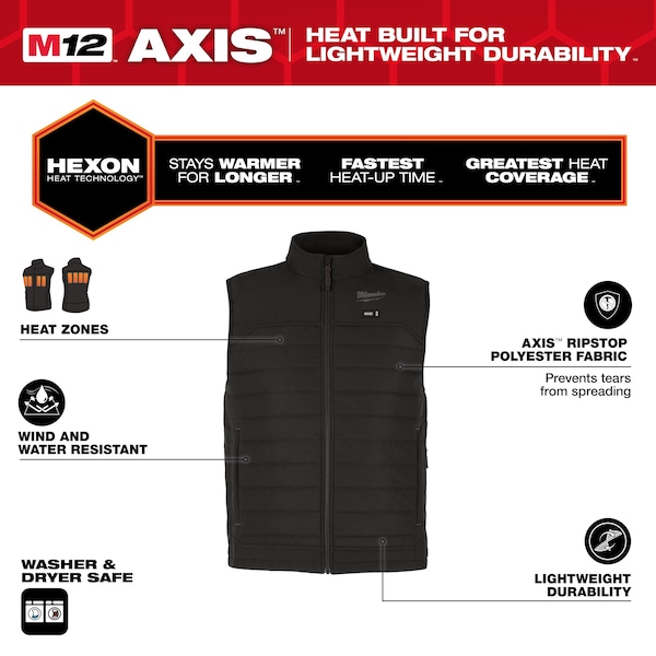 Milwaukee Tool Axis Heated Vest, Polyester, 2 to 8 hours Heating Time, 3 Heat Settings, Black, L - M300B-21L