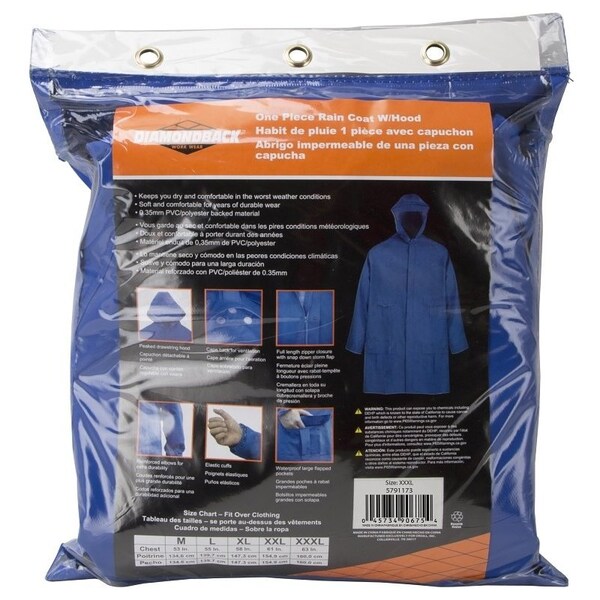 Diamondback Rain Parka, 3XL, PVC, Blue, Hooded Collar, Zipper with Snap Down Storm Flap Closure - 8156-XXXL