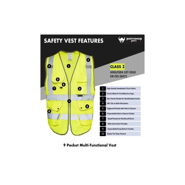 Northmon Safety Hi-Vis Safety Vest 2XL Class 2 9 Pockets - NM-SV-100-YW-2XL