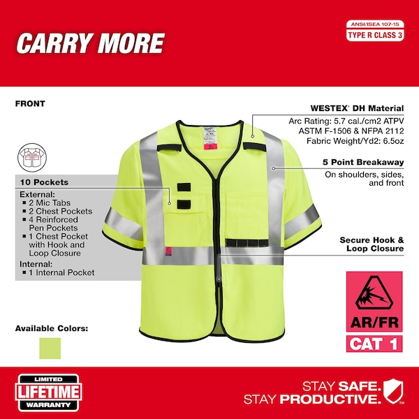 Milwaukee Tool AR/FR Cat.1 High Visibility Vest w/Sleeves L, XL Class 3 U Back, , Hook and Loop 10 Pockets, No - 48-73-5322