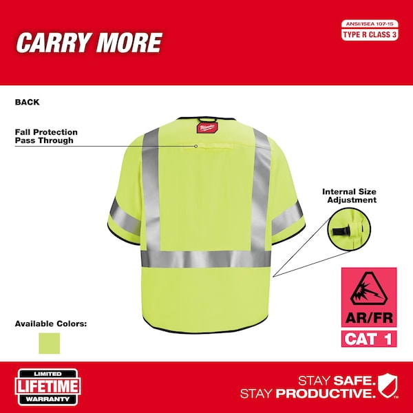 Milwaukee Tool AR/FR Cat.1 High Visibility Vest w/Sleeves L, XL Class 3 U Back, , Hook and Loop 10 Pockets, No - 48-73-5322