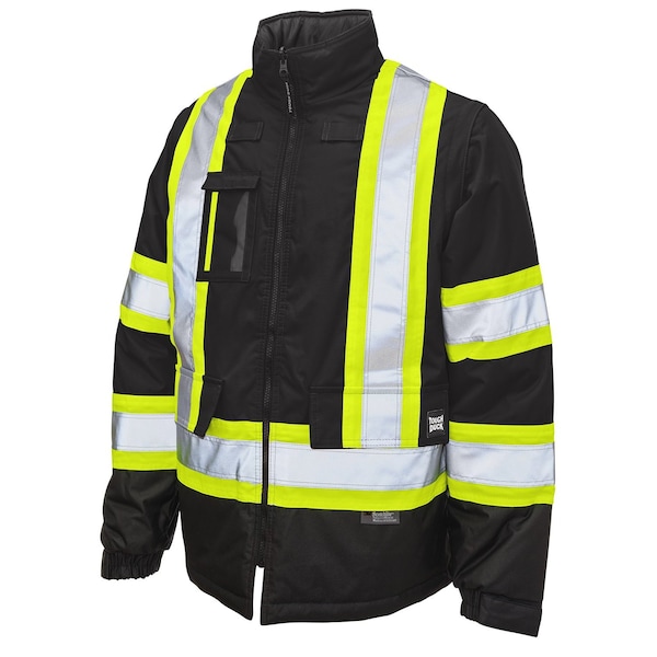 Tough Duck Hi-Vis 5-in-1 Safety Jacket, 300D Poly Oxford with PU Coating, Class 1 Type O, Black, 2XLT - S42651