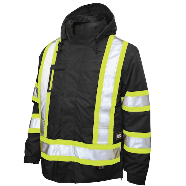 Tough Duck Hi-Vis 5-in-1 Safety Jacket, 300D Poly Oxford with PU Coating, Class 1 Type O, Black, 2XLT - S42651